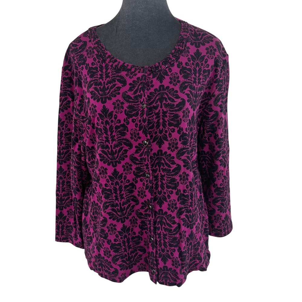 Rafaella XL Magenta Black Damask Goth Beaded Neckline Button Front Cardigan NWT
